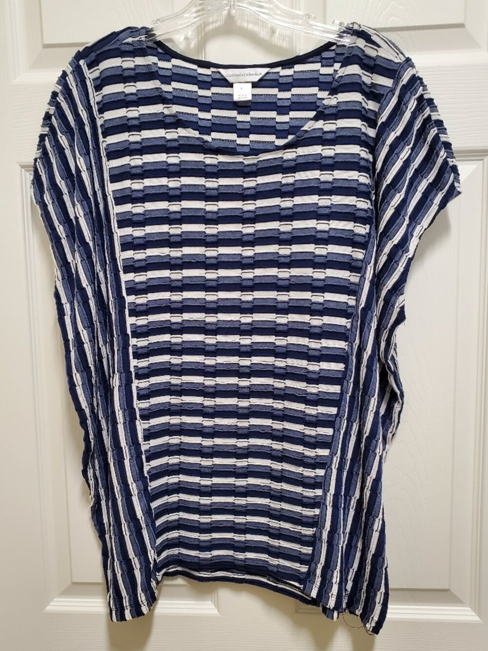 Navy, Light Blue Heather and White Striped Cap-Sleeved Summer Top